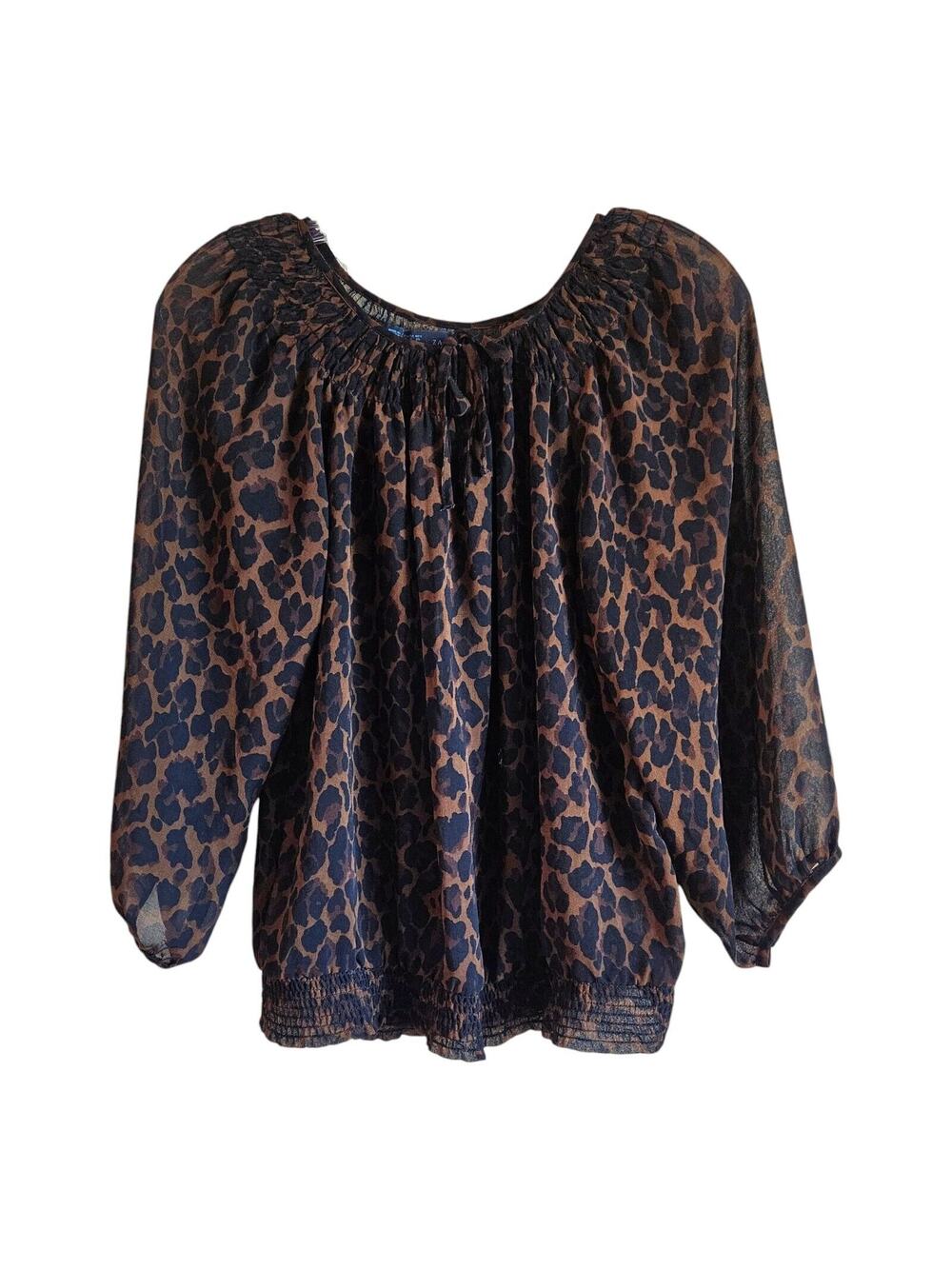 ZARA Women S Blouse Top Leopard Print Brown Black Smocked Elastic 3/4 Sleeve 38"